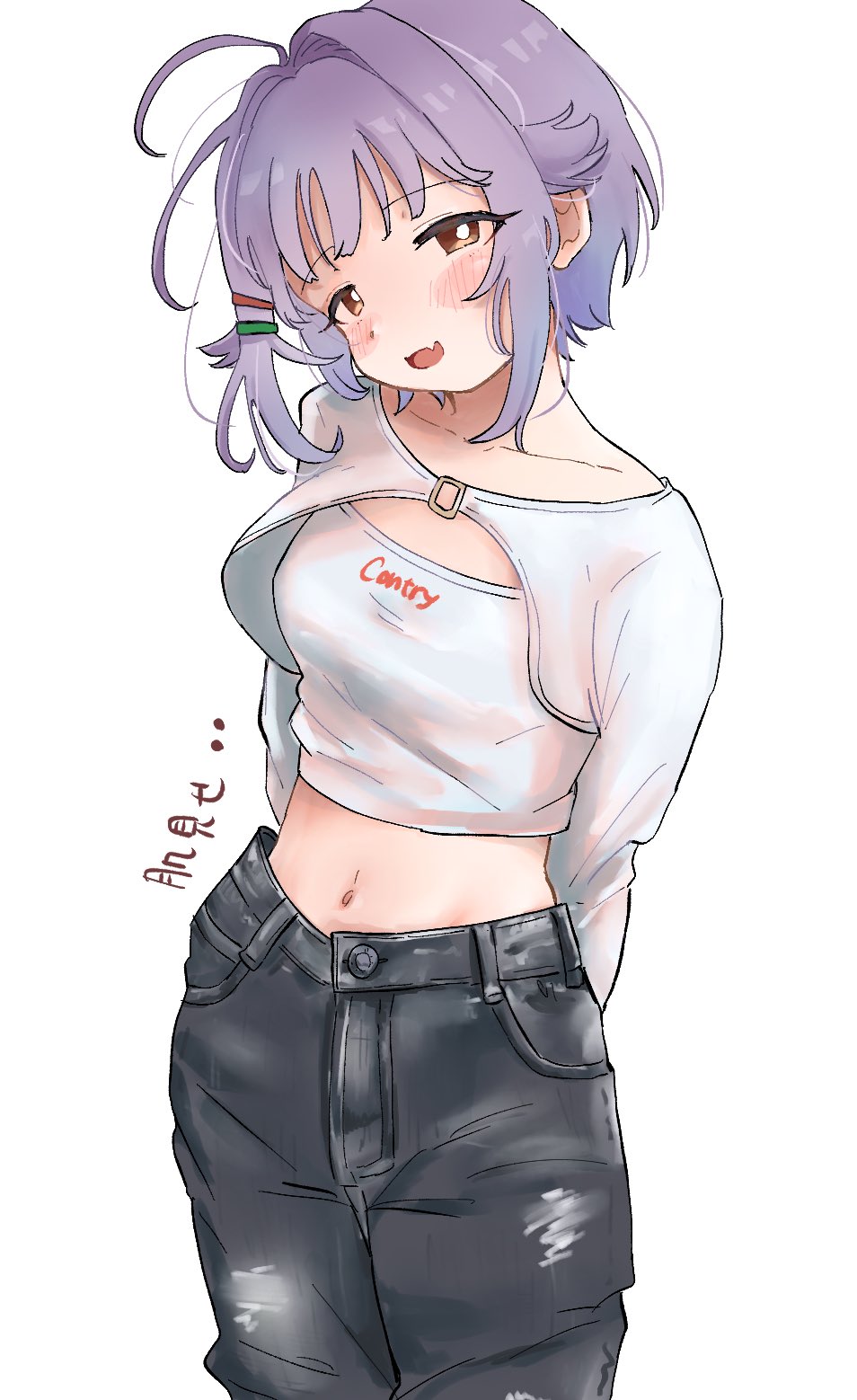 1girl, ahoge, arms_behind_back, blush, breasts, collarbone, cropped_shirt, denim, fang, hair_intakes, hair_ornament, hairpin, head_tilt, highres, idolmaster, idolmaster_cinderella_girls, idolmaster_cinderella_girls_starlight_stage, jeans, katakata115489, koshimizu_sachiko, looking_at_viewer, midriff, navel, pants, purple_hair, shrug_(clothing), simple_background, skin_fang, small_breasts, solo, strapless, torn_clothes, torn_pants, tube_top, white_background, white_tube_top