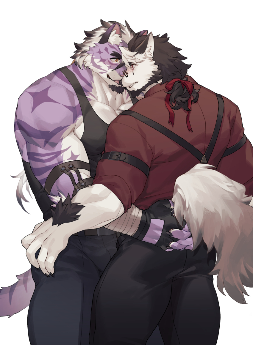 2boys, animal_ears, bara, beard, black_tank_top, collared_shirt, commission, destroycode, diamond_(shape), dog_boy, dog_ears, eye_contact, facial_hair, feet_out_of_frame, forehead-to-forehead, forked_eyebrows, from_side, furry, furry_male, glasses, goatee, heads_together, highres, licking_nose, long_hair, looking_at_another, male_focus, multicolored_hair, multiple_boys, muscular, muscular_male, original, pectoral_cleavage, pectorals, ponytail, purple_fur, sadiend, shirt, streaked_hair, suspenders, tail, tail_grab, tank_top, thick_eyebrows, thick_thighs, thighs, tiger_boy, tiger_ears, tongue, tongue_out, topless_male, white_hair, yaoi, yellow_eyes