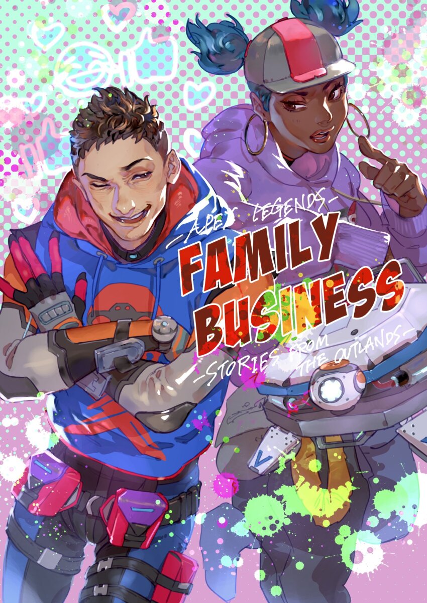 1boy, 1girl, annoyed, apex_legends, baseball_cap, belt, black_belt, blue_hair, blue_hoodie, blue_pants, brown_eyes, brown_hair, copyright_name, crossed_arms, d.o.c._health_drone, dark-skinned_female, dark_skin, drawstring, earrings, emoji, grey_headwear, hat, heart, highres, hood, hood_down, hoodie, hoop_earrings, jewelry, kawaniwa, lifeline_(apex_legends), mischief_medic_lifeline, non-humanoid_robot, octane_(apex_legends), official_alternate_costume, open_mouth, pants, pointing, purple_hoodie, red_lips, robot, short_twintails, smile, thigh_strap, thumbs_up, twintails, v-shaped_eyebrows