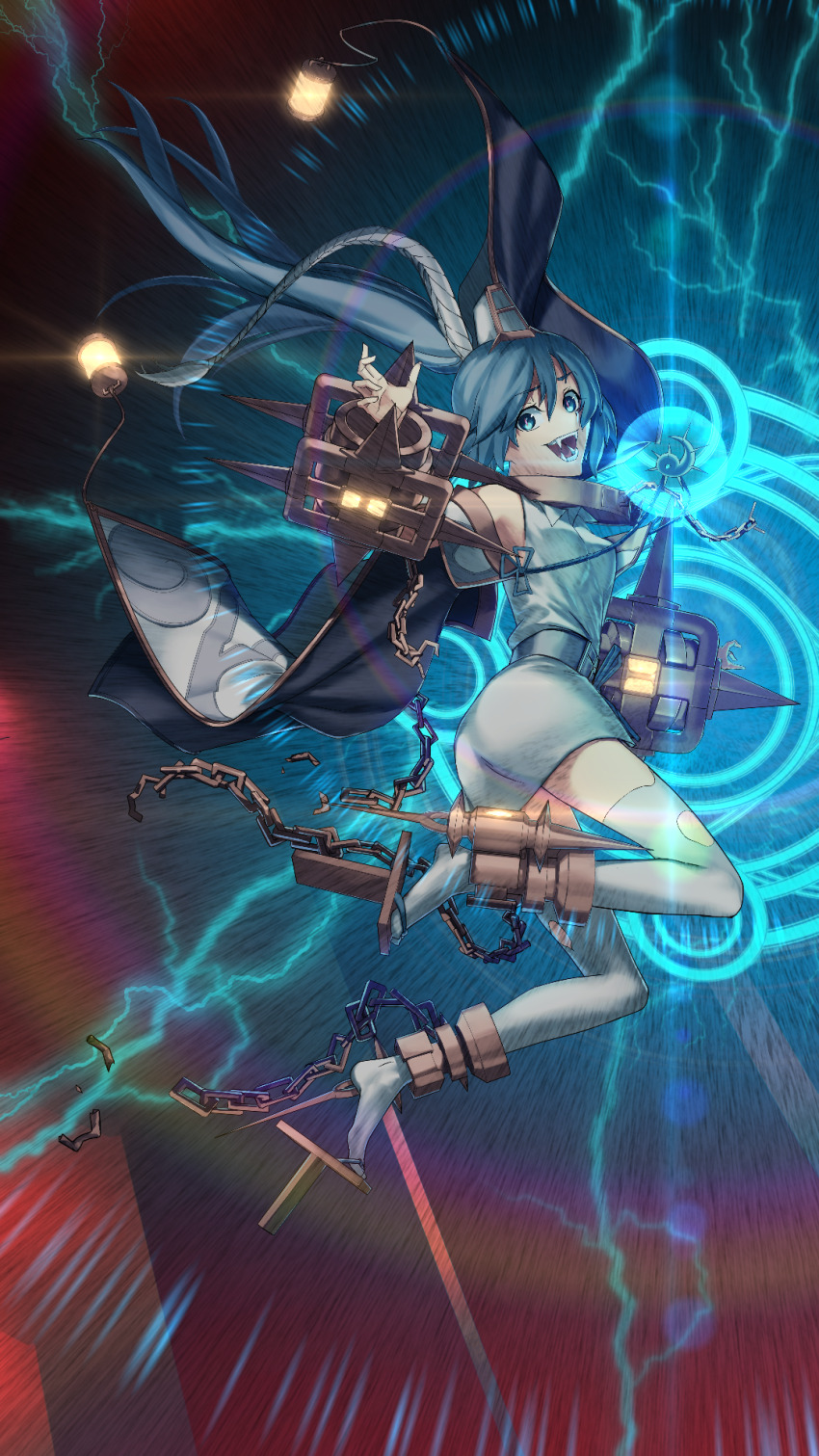 1girl, blue_eyes, blue_hair, broken, broken_chain, chain, chained, clothing_cutout, collar, commentary, cuffs, dress, duel_monster, english_commentary, fangs, floating, full_body, geta, highres, long_hair, metal_collar, mikami_may, mixed-language_commentary, open_mouth, ponytail, shackles, short_sleeves, shoulder_cutout, solo, tabi, teeth, thighhighs, torn_clothes, torn_thighhighs, unchained_twins_-_rakea, yu-gi-oh!