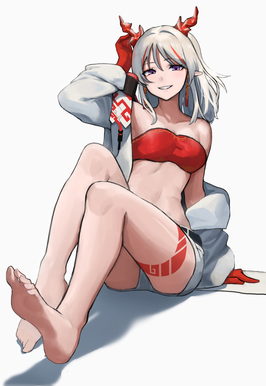 1girl, absurdres, arknights, bandeau, bare_legs, bare_shoulders, barefoot, commentary_request
