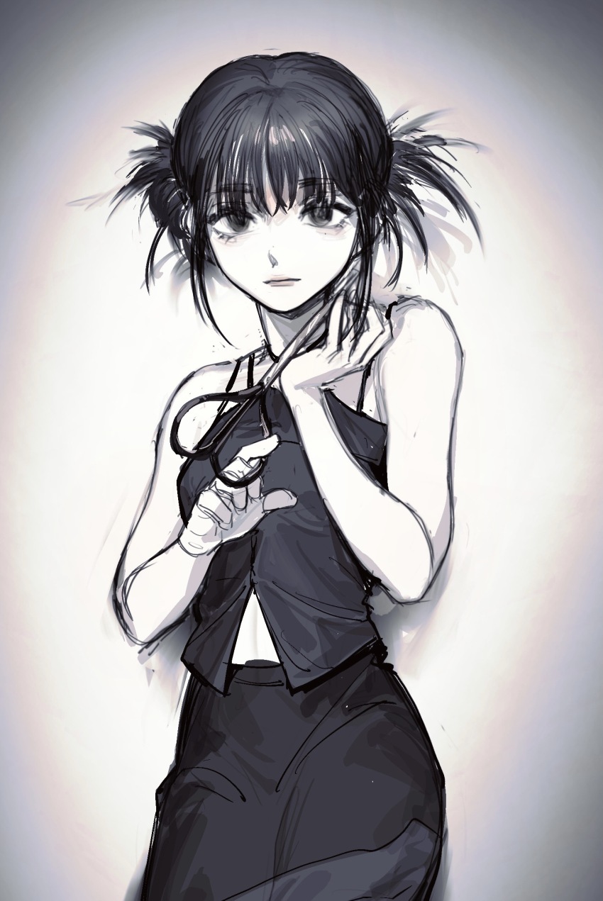 1girl, animification, ben9., breasts, camisole, choi_yena, expressionless, grey_background
