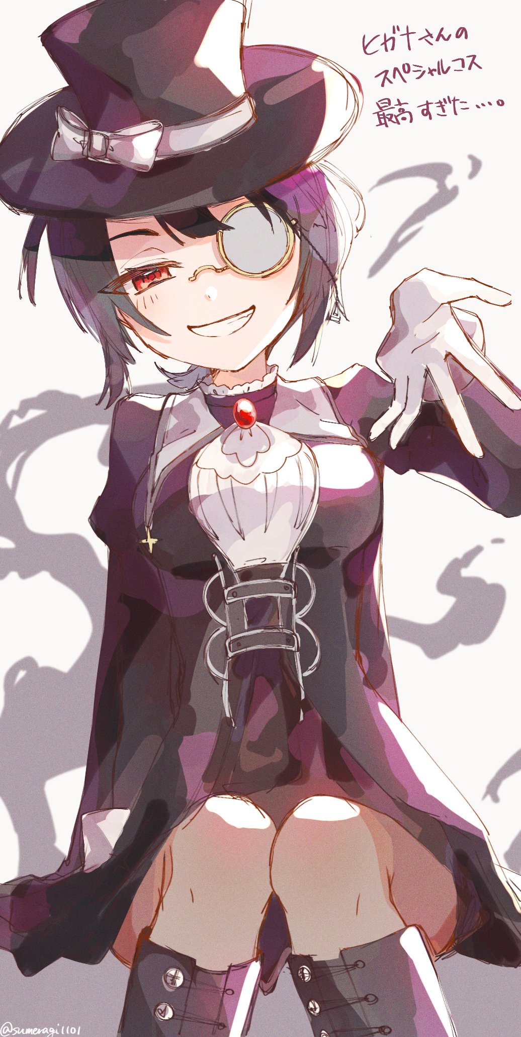 1girl, ascot, black_hair, black_hat, blush, boots, commentary_request, gem