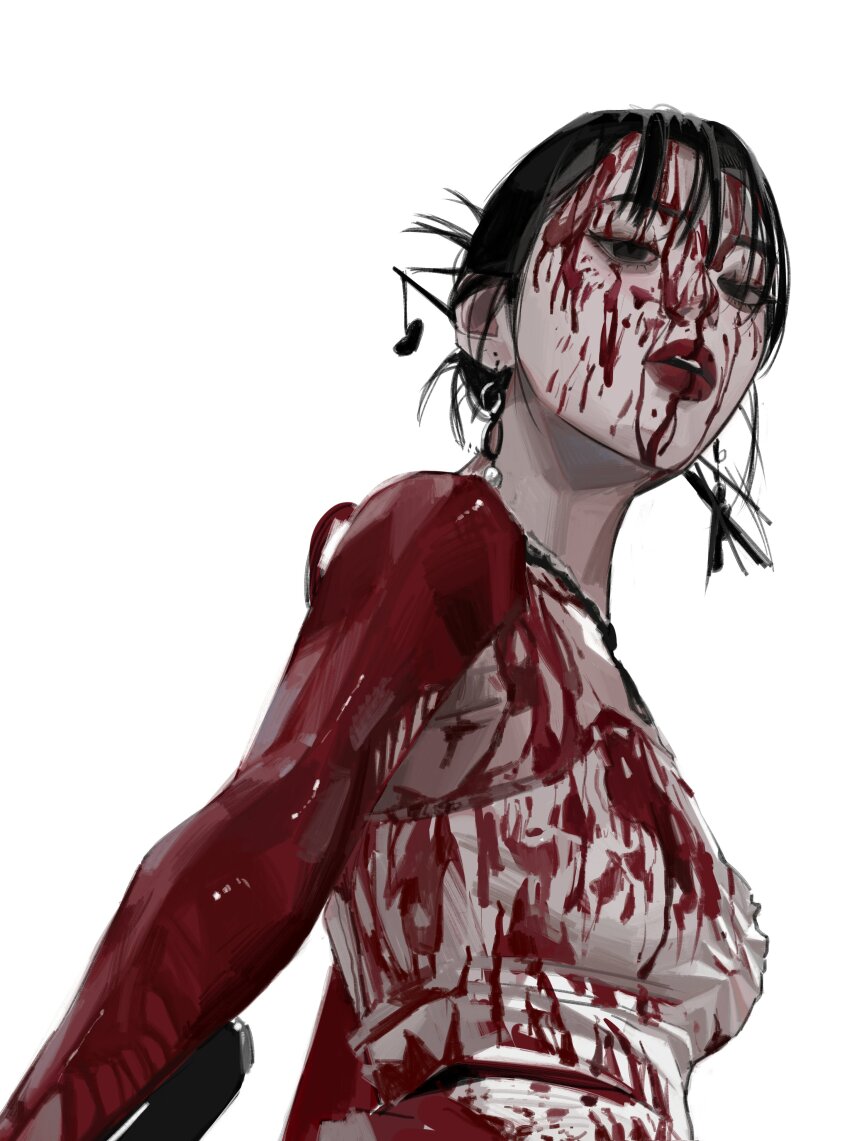 1girl, absurdres, bibi_(singer), black_eyes, black_hair, blood, blood_on_arm, blood_on_clothes, blood_on_face, breasts, camisole, cropped_shirt, hair_ornament, hair_stick, heart, highres, hilt, k-pop, lipstick, looking_at_viewer, looking_down, makeup, open_mouth, real_life, red_lips, small_breasts, solo, superwakas, white_background, white_camisole