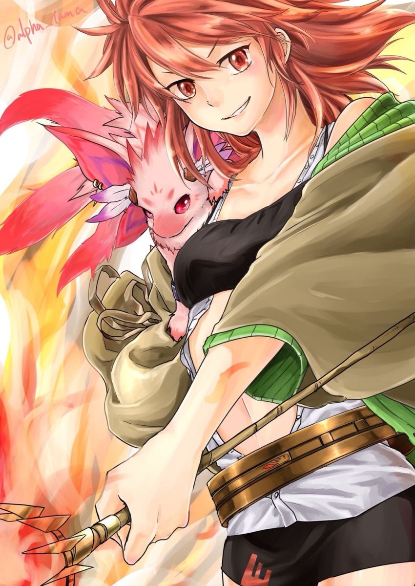1girl, alpha_tama, bandeau, belt, collarbone, creature, creature_on_shoulder, duel_monster