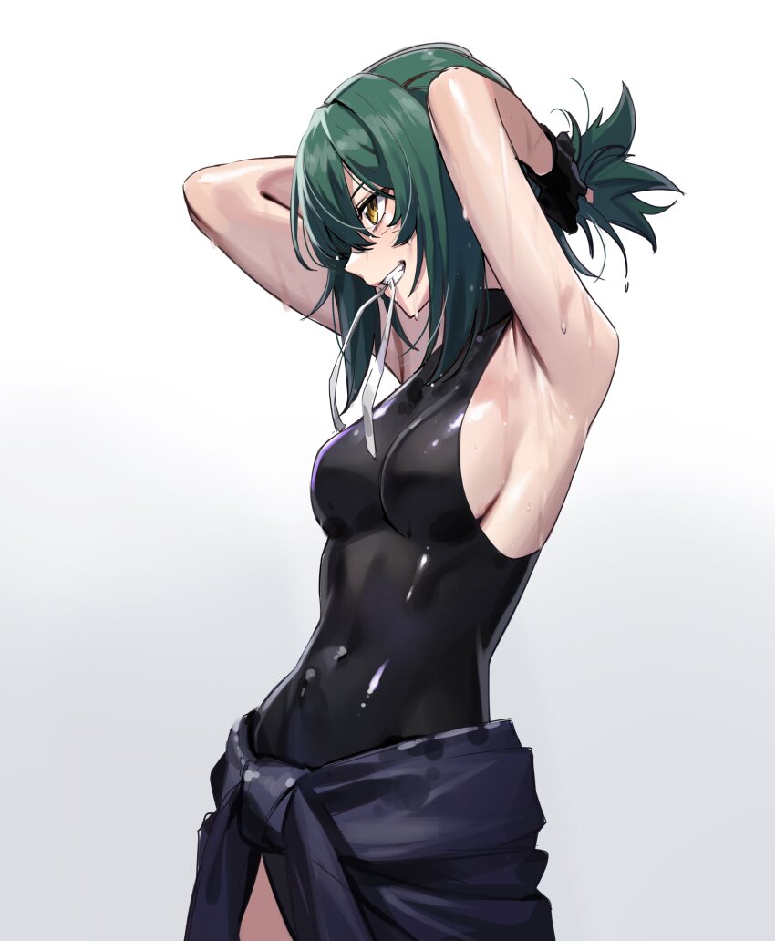 1girl, absurdres, adjusting_hair, armpits, arms_up, breasts, controlline3, counter:side, covered_navel, from_side, green_hair, hair_tie_in_mouth, hands_in_own_hair, highres, laika_(counter:side), medium_breasts, mouth_hold, shiny_clothes, sideboob, solo, sweat, yellow_eyes