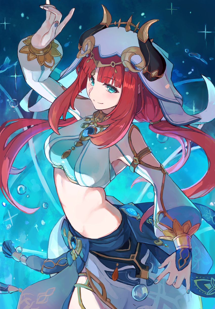 1girl, absurdres, blue_background, blue_eyes, blue_skirt, blunt_bangs, blush, breasts