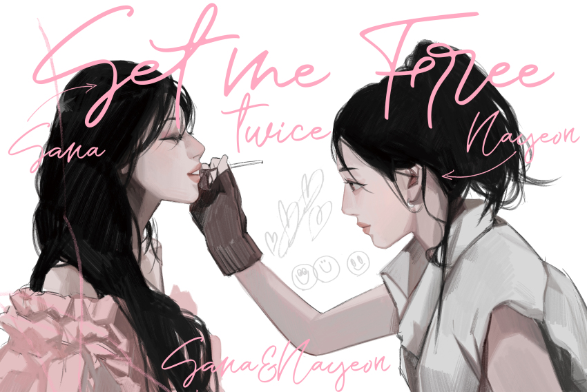 2girls, absurdres, applying_makeup, arrow_(symbol), bare_shoulders, black_hair, character_name, copyright_name