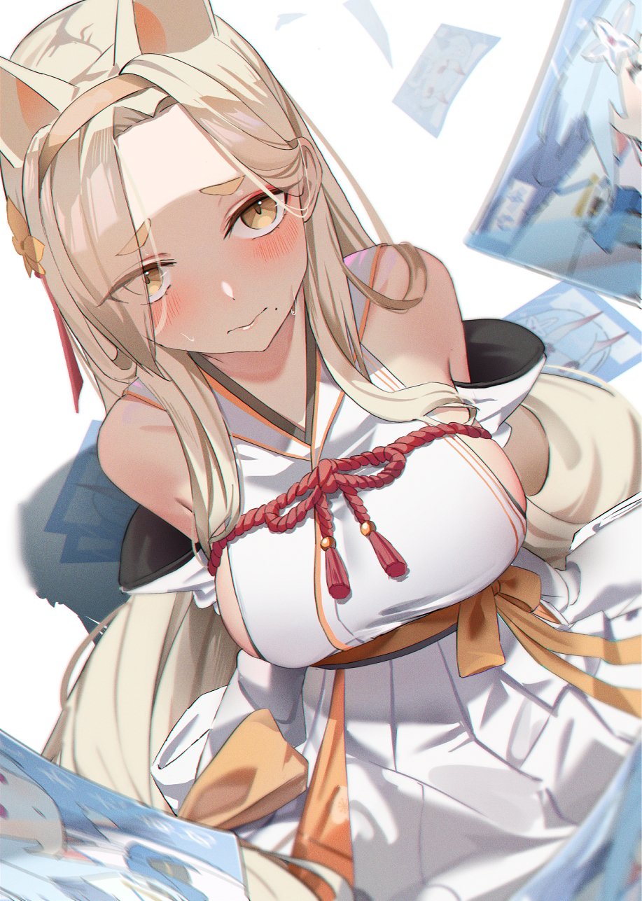 1girl, animal_ears, arm_support, arms_behind_back, bare_shoulders, blonde_hair, blue_archive, blurry, blush, breasts, closed_mouth, depth_of_field, detached_sleeves, flyers_(death_parade), forehead, fox_ears, hair_over_one_eye, hairband, hanamaru_tsubaki, highres, japanese_clothes, kaho_(blue_archive), large_breasts, light_frown, long_hair, looking_at_viewer, mole, mole_under_mouth, nontraditional_miko, short_eyebrows, sideboob, sidelocks, simple_background, sitting, solo, thick_eyebrows, upturned_eyes, very_long_hair, white_background, wide_sleeves, yellow_eyes