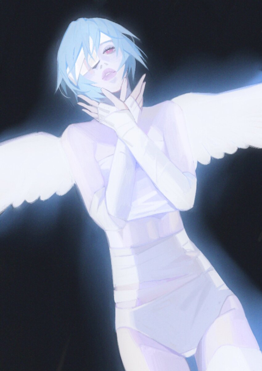 1girl, absurdres, angel_wings, aura, ayanami_rei, bandage_over_one_eye, bare_shoulders, black_background, brown_eyes, cropped_shirt, crossed_arms, elbow_gloves, fingerless_gloves, flat_chest, gloves, highres, looking_at_viewer, neon_genesis_evangelion, one_eye_covered, panties, parted_lips, pink_lips, shirt, short_hair, solo, strapless, strapless_shirt, superwakas, thick_lips, underwear, white_gloves, white_panties, white_shirt, white_wings, wings