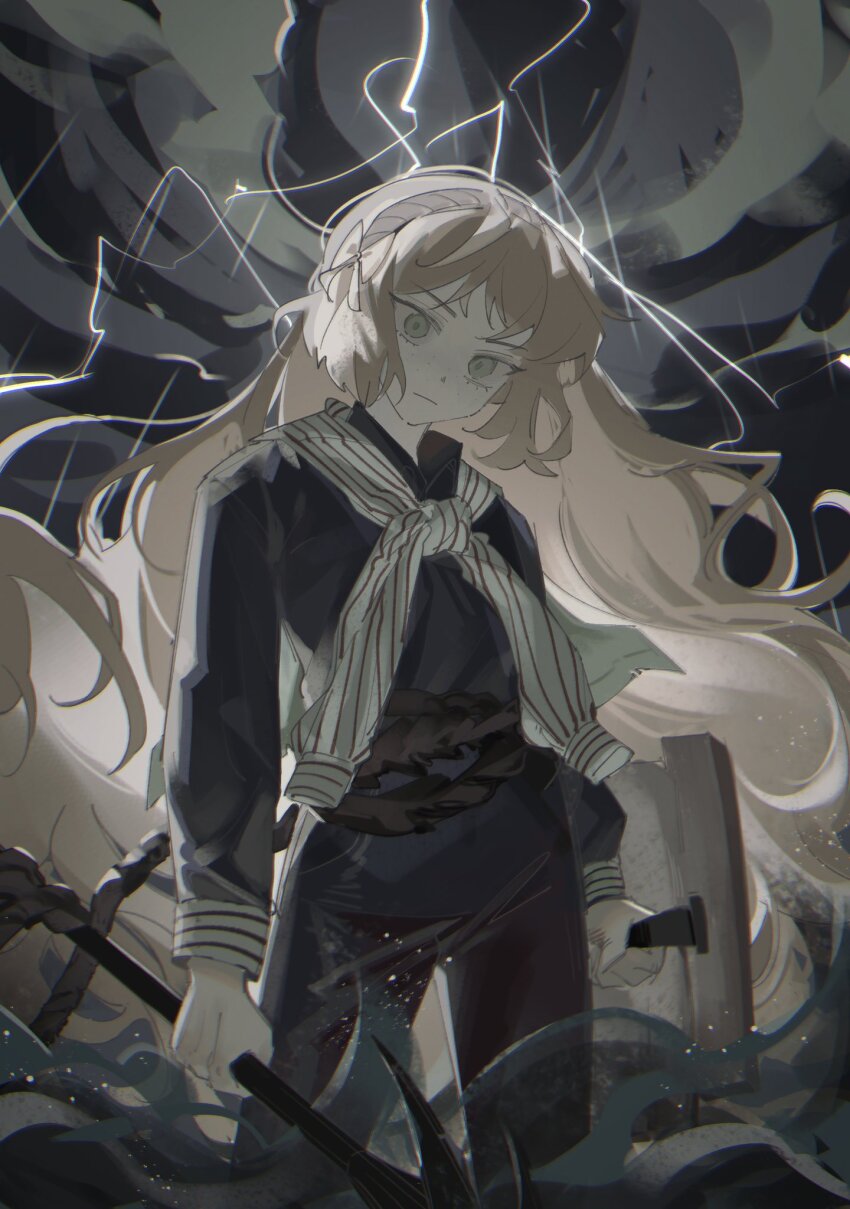 1girl, anchor, blue_pants, blue_shirt, bow, e.g.o_(project_moon), empty_eyes, eventhorizon_d