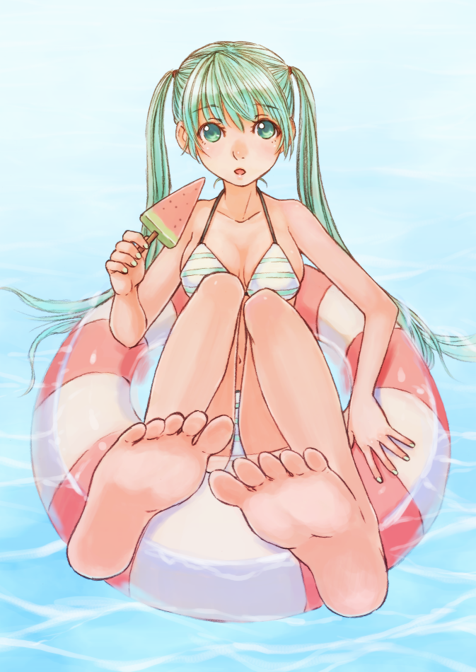 1girl, barefoot, bikini, feet, female_focus, food, foot_focus, fruit, green_eyes, green_hair, hatsune_miku, innertube, matching_hair/eyes, open_mouth, popsicle, soles, solo, soujirou, striped_bikini, striped_clothes, swim_ring, swimsuit, toes, twintails, vocaloid, water, watermelon, watermelon_bar