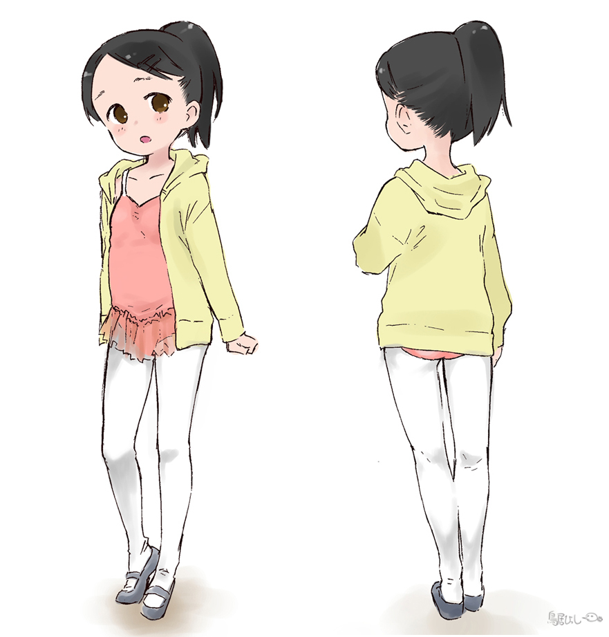 1girl, :o, bad_id, bad_pixiv_id, ballerina, ballet, ballet_slippers, black_hair, blush, brown_eyes, child, flat_chest, from_behind, hair_ornament, hairclip, high_ponytail, hood, hoodie, leotard, looking_at_viewer, multiple_views, open_clothes, open_hoodie, open_mouth, original, pantyhose, parka, ponytail, see-through_clothes, shoes, short_hair, signature, skirt, soumatou_(mayoibashi), standing, swept_bangs, thigh_gap, tiptoes, torii_hisshi, turnaround, white_pantyhose