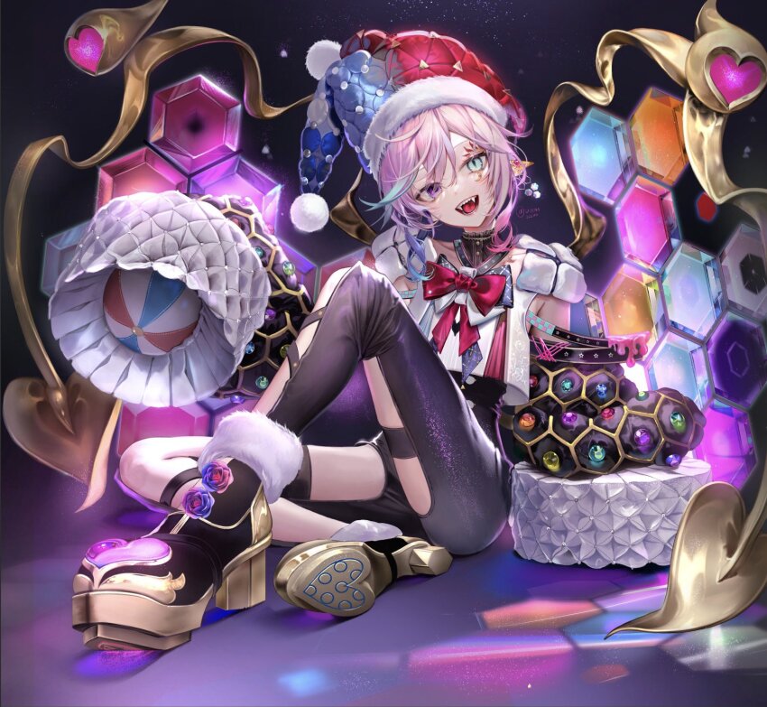 1boy, ball, black_pants, black_shoes, blue_bow, blue_bowtie, blue_eyes, blue_hair