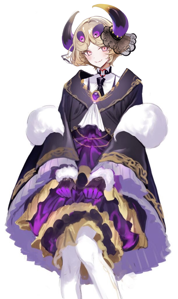 1boy, androgynous, ascot, black_coat, blonde_hair, coat, dark_taranza, dress, extra_eyes, gem, gloves, horns, kirby_(series), male_focus, mi_(mm), nintendo, pantyhose, personification, pink_eyes, purple_dress, purple_gem, purple_gloves, shirt, short_hair, simple_background, solo, team_kirby_clash_deluxe, white_ascot, white_background, white_pantyhose, white_shirt