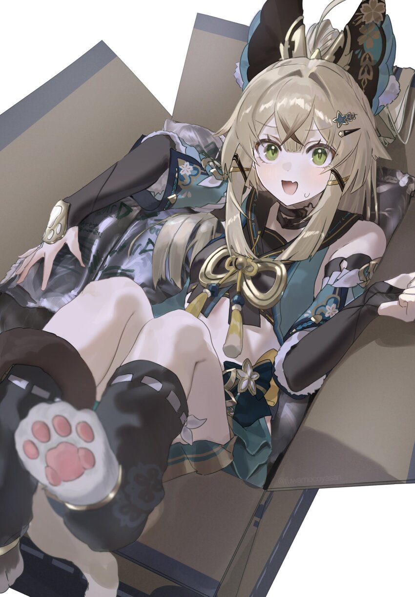1girl, absurdres, ahoge, animal_ears, black_choker, black_tank_top, bow, box, brown_bow, cat_ears, cat_girl, choker, coat, collared_vest, fang, fuwamocoyasan, genshin_impact, green_eyes, hair_ornament, hairclip, highres, in_box, in_container, kirara_(genshin_impact), long_hair, looking_at_viewer, midriff, multiple_tails, nekomata, open_mouth, sleeveless, sleeveless_coat, solo, tail, tank_top, two_tails, vest, white_background