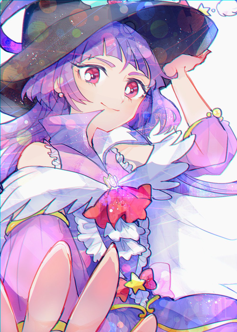 1girl, black_hat, cure_magical, cure_magical_(alexandrite_style), earrings, frills, hand_on_headwear, hat