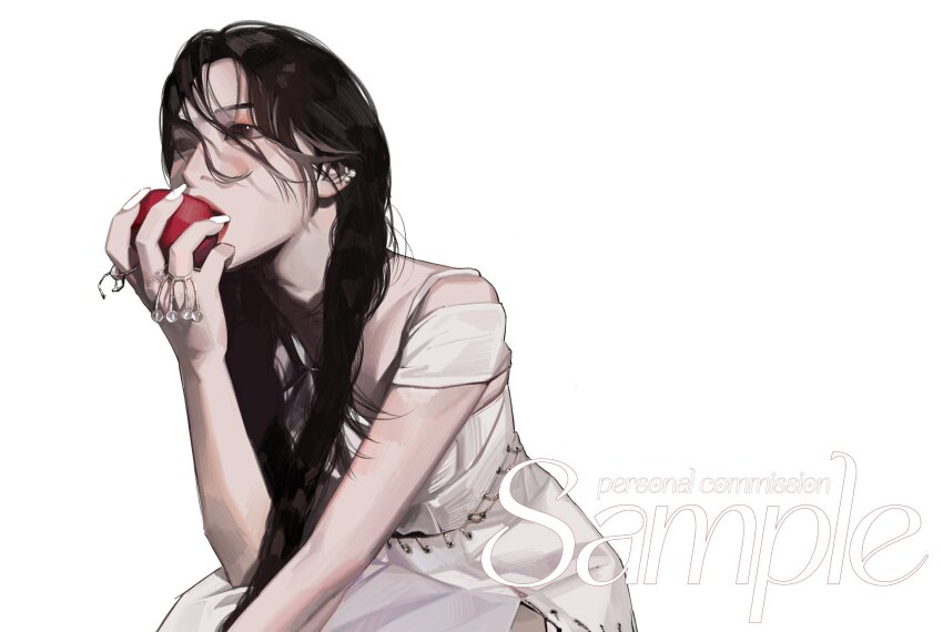 1girl, absurdres, apple, black_hair, blush, braid, brown_eyes, character_name