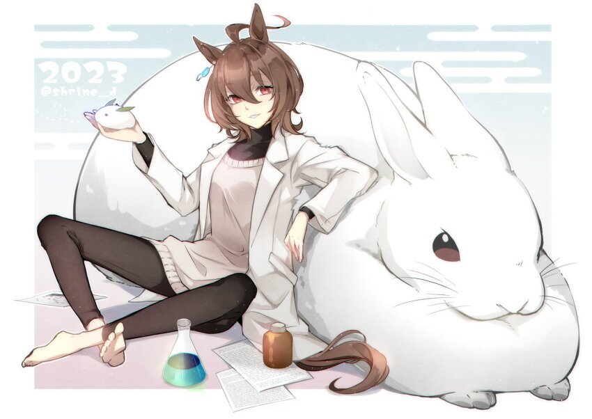 1girl, 2023, agnes_tachyon_(umamusume), ahoge, animal_ears, barefoot, black_pants, black_pantyhose