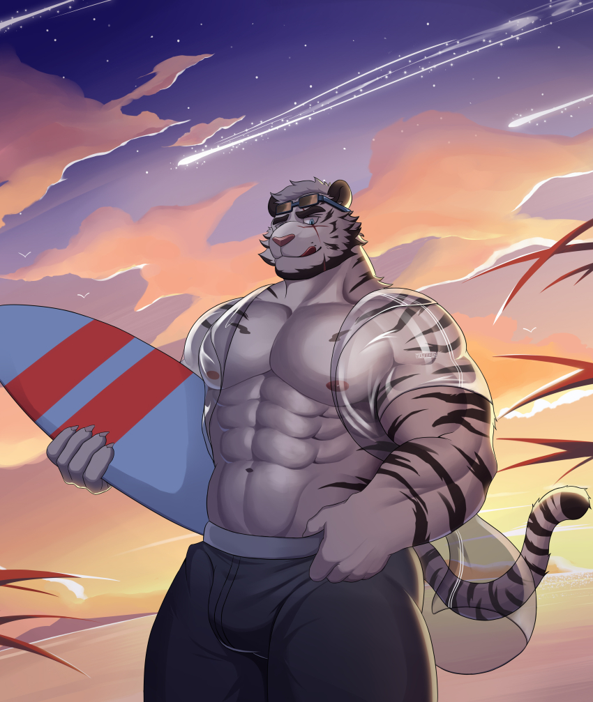 1boy, :q, absurdres, alternate_costume, alternate_facial_hair, animal_ears, anyisdragon, arknights, bara, bare_pectorals, beard, black_male_swimwear, bulge, facial_hair, feet_out_of_frame, furry, furry_male, highres, holding, holding_surfboard, large_pectorals, looking_at_viewer, male_focus, male_swimwear, mountain_(arknights), muscular, muscular_male, pectorals, scar, scar_across_eye, scar_on_face, see-through_clothes, see-through_shirt, shirt, short_hair, solo, standing, sunset, surfboard, thick_eyebrows, thick_thighs, thighs, tiger_boy, tiger_ears, tiger_stripes, tongue, tongue_out, white_fur, white_hair