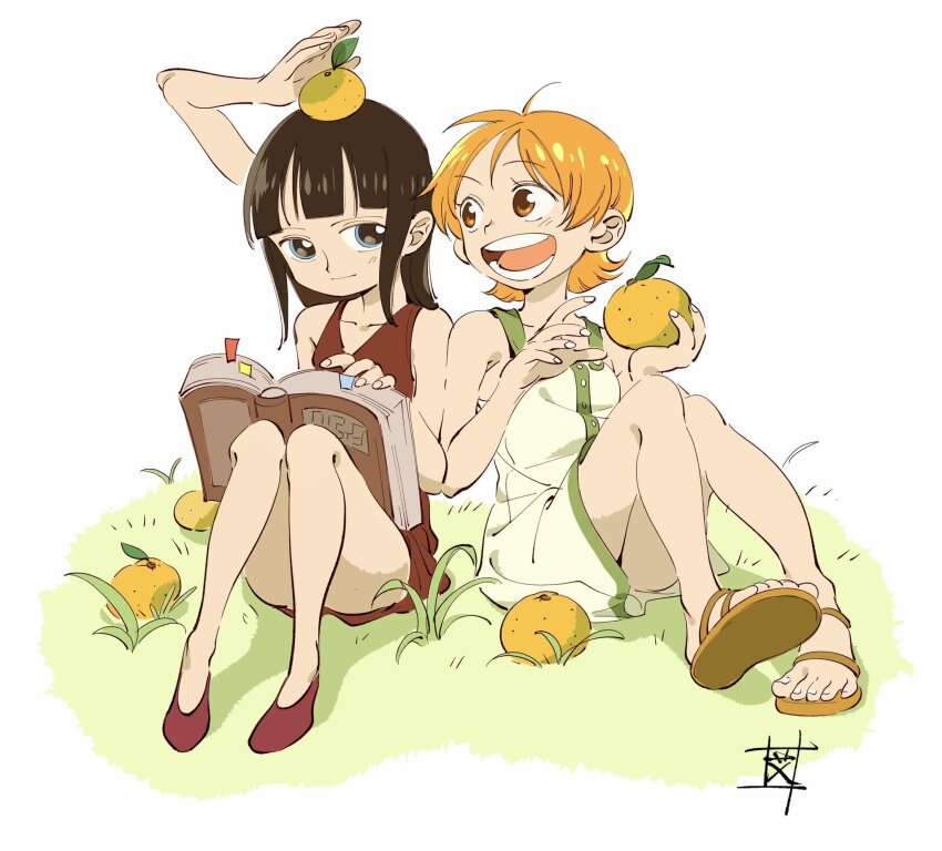 2girls, aged_down, bare_shoulders, black_eyes, black_hair, blunt_bangs, book, brown_dress