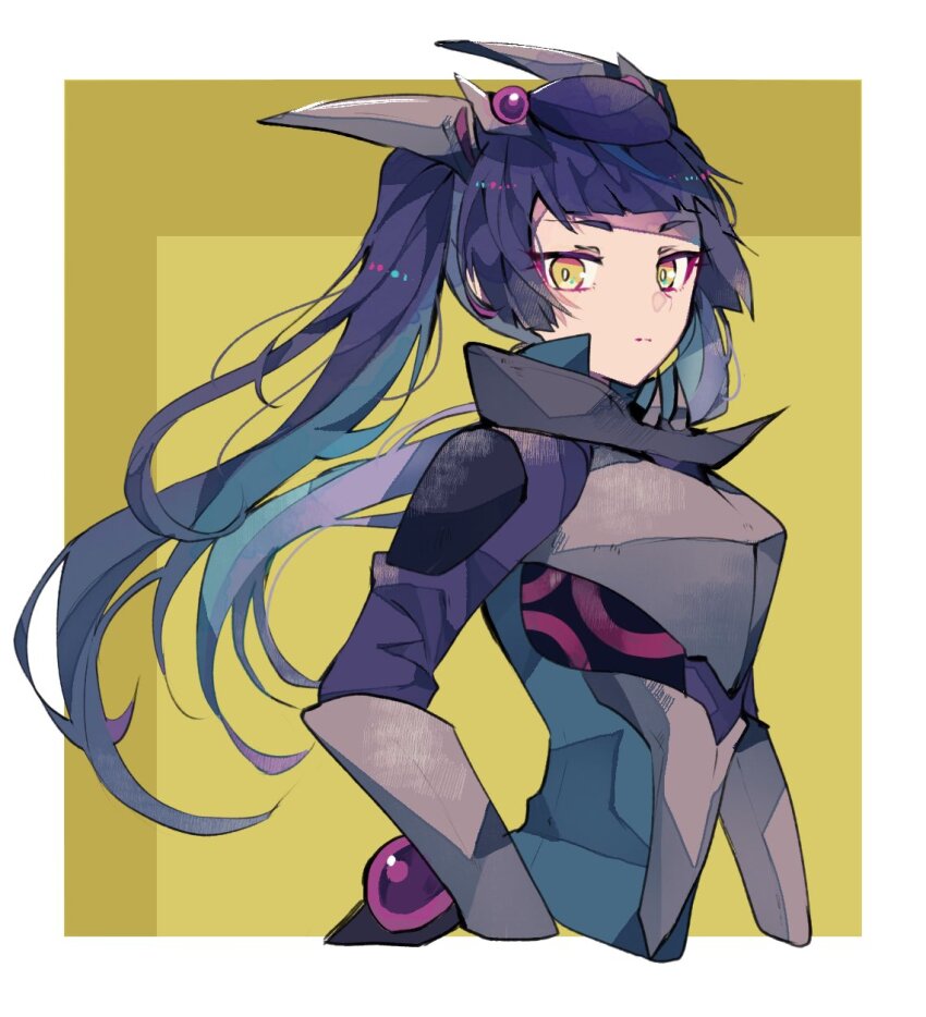 1girl, armor, black_hair, blue_hair, border, breastplate, cosplay, cropped_arms