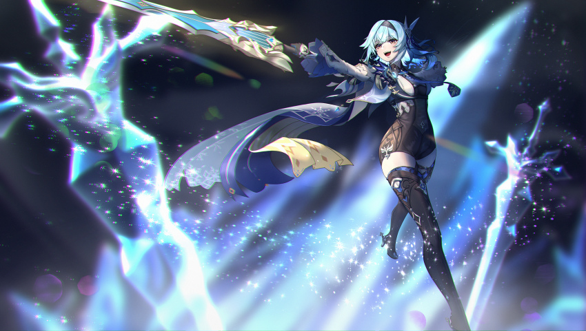 1girl, absurdres, black_hairband, black_headband, black_leotard, black_thighhighs, blue_cape, blue_hair