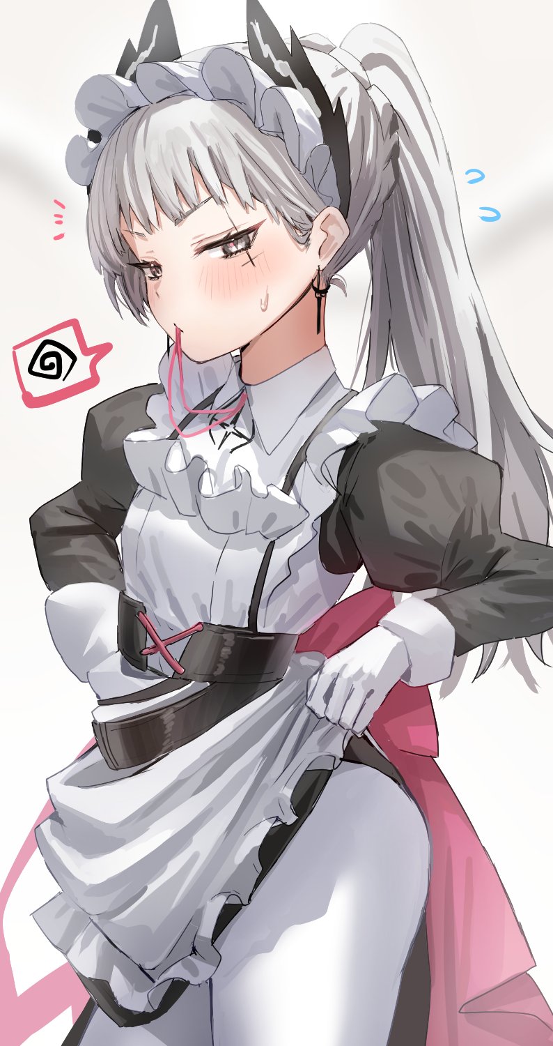 1girl, alternate_hairstyle, apron, arknights, earrings, frilled_apron, frills, gloves, grey_eyes, grey_hair, head_wings, highres, horn/wood, irene_(arknights), irene_(voyage_of_feathers)_(arknights), jewelry, juliet_sleeves, long_hair, long_sleeves, looking_at_viewer, maid, maid_apron, maid_headdress, mouth_hold, official_alternate_costume, pantyhose, puffy_sleeves, solo, standing, sweat, white_apron, white_gloves, white_pantyhose, wings
