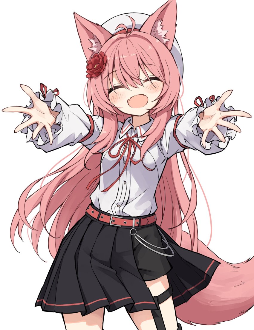 1girl, :d, ^_^, absurdres, animal_ear_fluff, animal_ears, belt, black_shorts