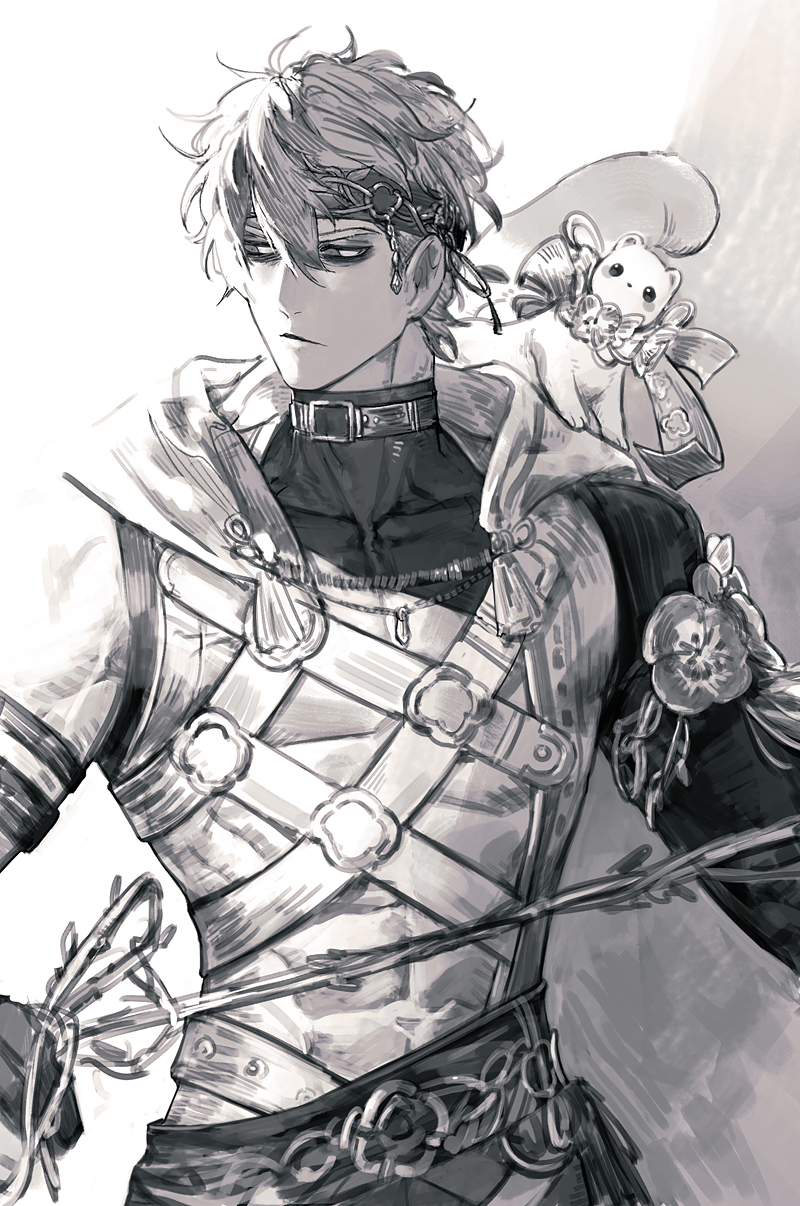 1boy, abs, bags_under_eyes, ermine, ferret, highres, large_pectorals, looking_to_the_side