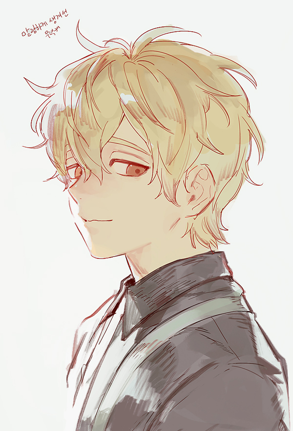 1boy, aged_down, black_shirt, blonde_hair, looking_at_viewer, male_focus, nu_carnival, orange_eyes, quincy_(nu_carnival), sesange, shirt, short_hair, smile