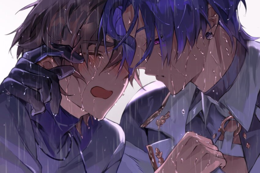 2boys, autsa3, bishounen, black_gloves, brown_hair, earrings, eiden_(forest_carnival)_(nu_carnival), eiden_(nu_carnival), gloves, jewelry, kuya_(afternoon_daze)_(nu_carnival), kuya_(nu_carnival), long_sleeves, male_focus, mole, mole_under_eye, multiple_boys, nu_carnival, purple_eyes, purple_hair, rain, short_hair, wet, wet_clothes, wet_hair, yaoi