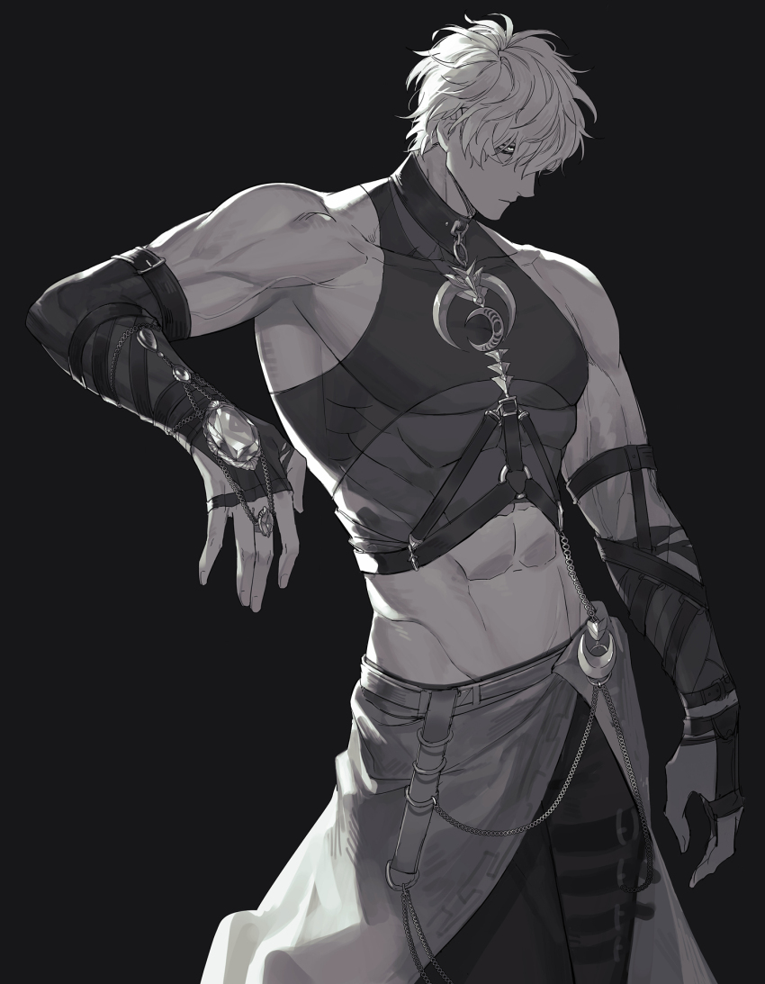 1boy, abs, bags_under_eyes, black_background, elbow_gloves, fingerless_gloves, gloves, highres