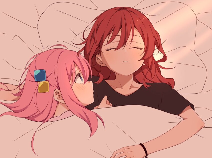 2girls, asymmetrical_bangs, bed, bed_sheet, black_shirt, blue_eyes, blush, bocchi_the_rock!, bracelet, closed_eyes, collarbone, commentary_request, cube_hair_ornament, gotoh_hitori, hair_between_eyes, hair_ornament, head_on_another's_shoulder, hug, jewelry, kita_ikuyo, looking_at_another, looking_to_the_side, medium_hair, multiple_girls, nukazuke_(kzhto), open_mouth, out_of_frame, parted_lips, pillow, pink_hair, red_hair, shirt, short_sleeves, side_ponytail, sidelocks, sleeping, under_covers, upper_body, yuri