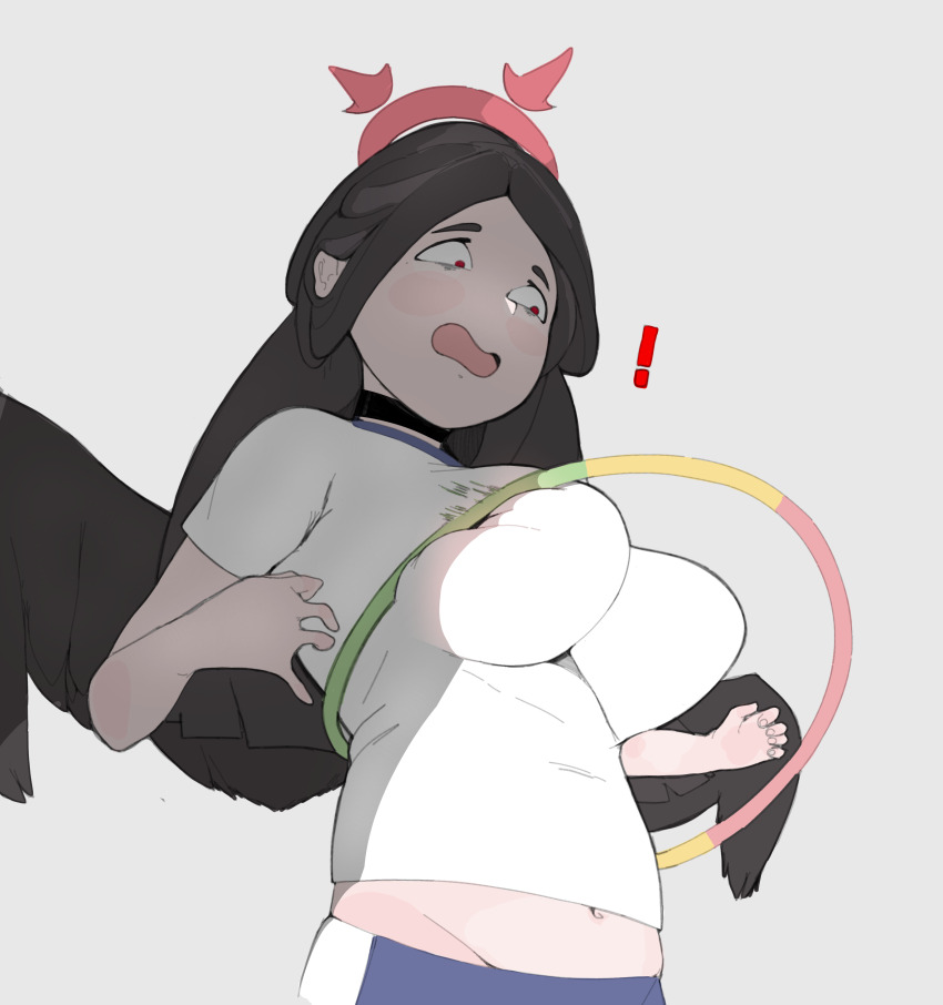 !, 1girl, absurdres, black_wings, blue_archive, breasts, grapeforwine, hasumi_(blue_archive), hasumi_(track)_(blue_archive), highres, hoop, hula_hoop, large_breasts, red_eyes, scared, solo, wings