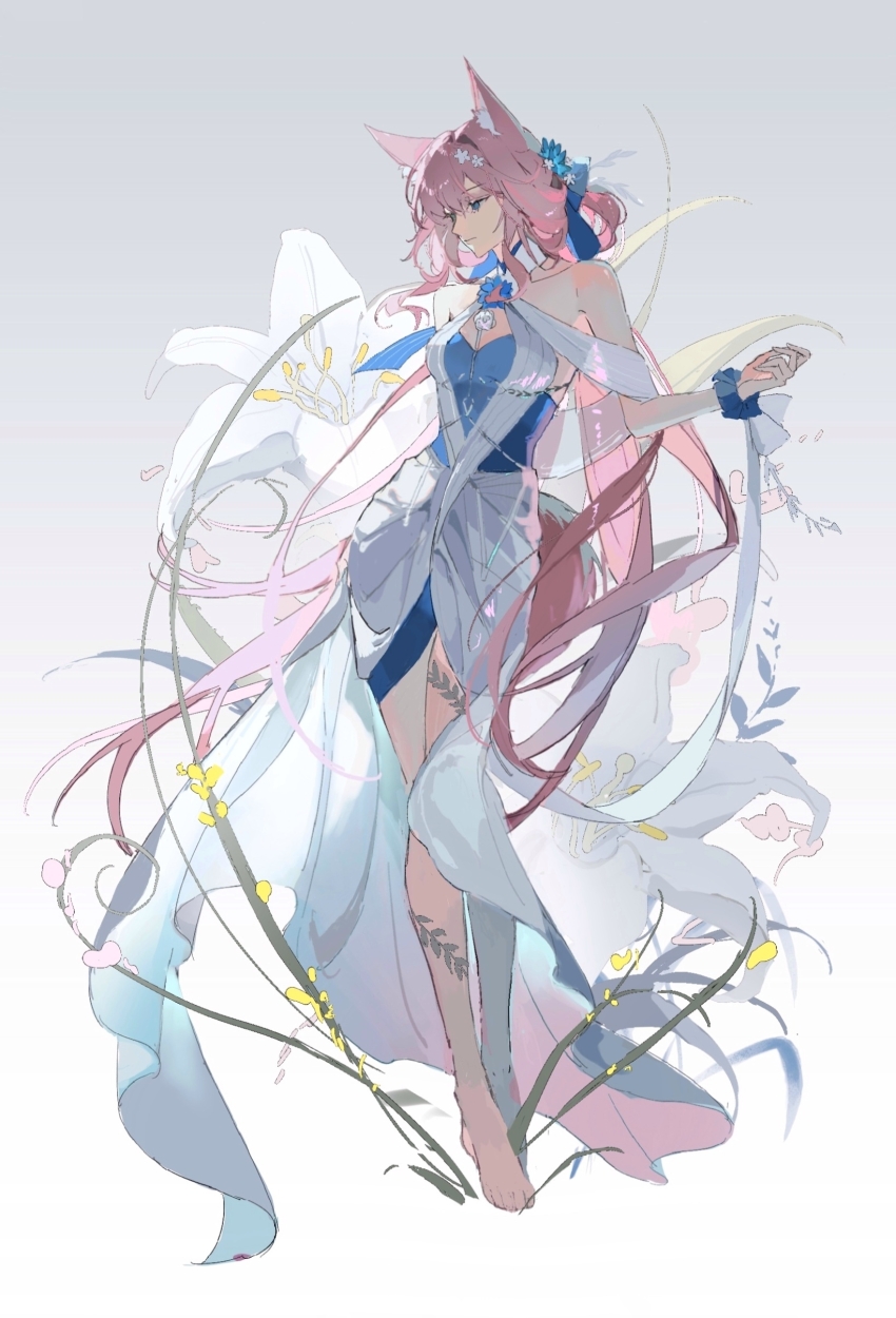 1girl, absurdres, animal_ear_fluff, animal_ears, arknights, bare_shoulders, barefoot, blue_dress