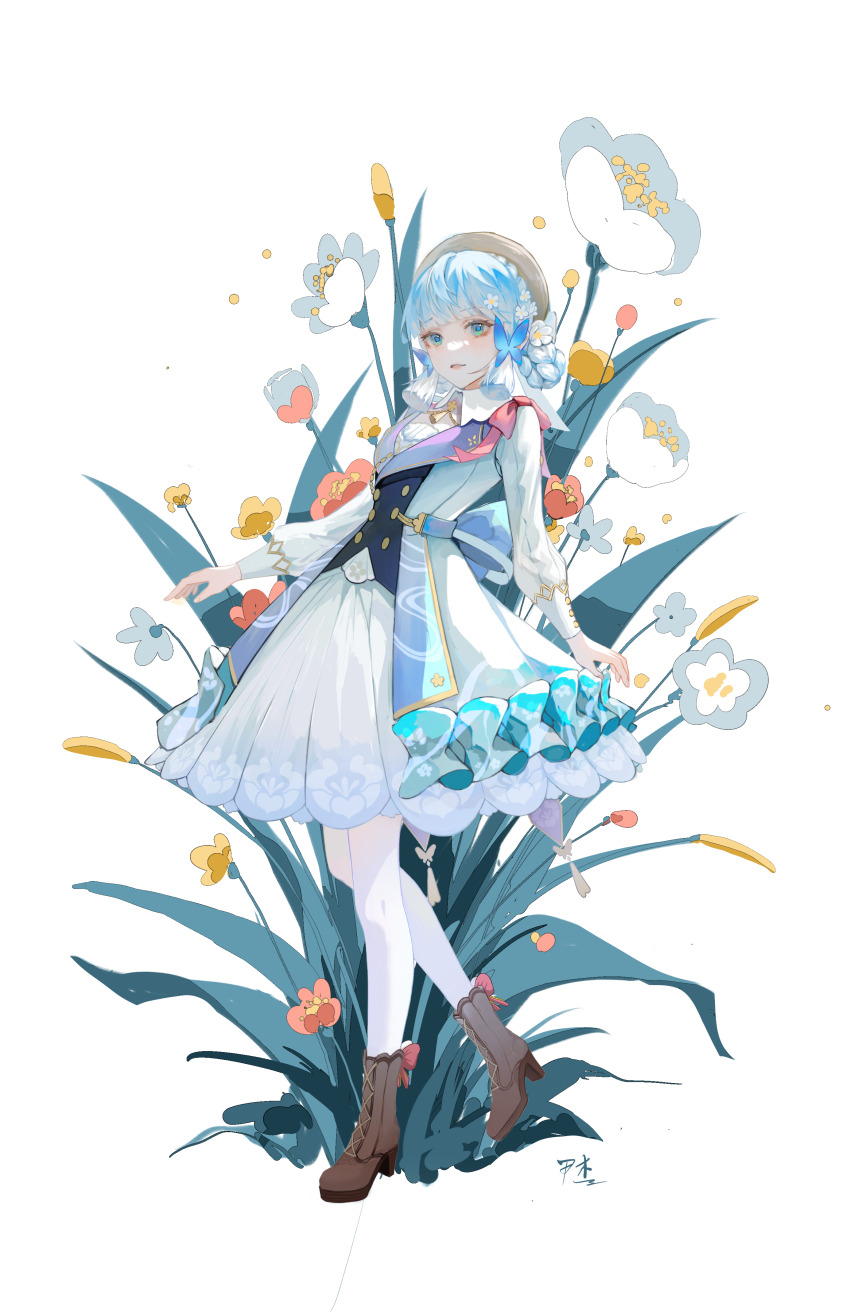 1girl, absurdres, aqua_eyes, ayaka_(genshin_impact), blue_dress, blue_hair, blunt_bangs, blunt_tresses, boots, brown_boots, brown_headwear, butterfly_hair_ornament, collared_dress, dress, flower, full_body, genshin_impact, hair_flower, hair_ornament, high_heel_boots, high_heels, highres, kamisato_ayaka, kamisato_ayaka_(springbloom_missive), light_blue_hair, long_hair, long_sleeves, multicolored_dress, neck_tassel, official_alternate_costume, official_alternate_hairstyle, pantyhose, parted_lips, red_flower, red_ribbon, ribbon, rufen284, signature, solo, tassel, white_background, white_dress, white_flower, white_pantyhose, yellow_flower