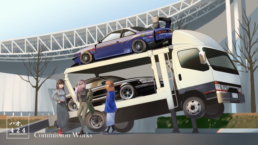 3girls, ^_^, asamiya_mariko_(holeecrab), black_footwear, black_pantyhose, blue_skirt, borrowed_character, breasts, car, closed_eyes, commission, green_jacket, green_pants, grey_footwear, grey_shirt, grey_skirt, hand_in_pocket, haow, holeecrab, jacket, long_hair, long_skirt, long_sleeves, medium_breasts, medium_hair, midori_tsuki_(nickdoanut), motor_vehicle, multiple_girls, nissan, nissan_laurel, nissan_silvia, nissan_silvia_s14, off_shoulder, original, pants, pantyhose, red_footwear, shirt, shizuku_inoue_(haow), shoes, skirt, smile, sneakers, spoiler_(automobile), sports_car, truck, vehicle_focus, very_long_hair, white_footwear