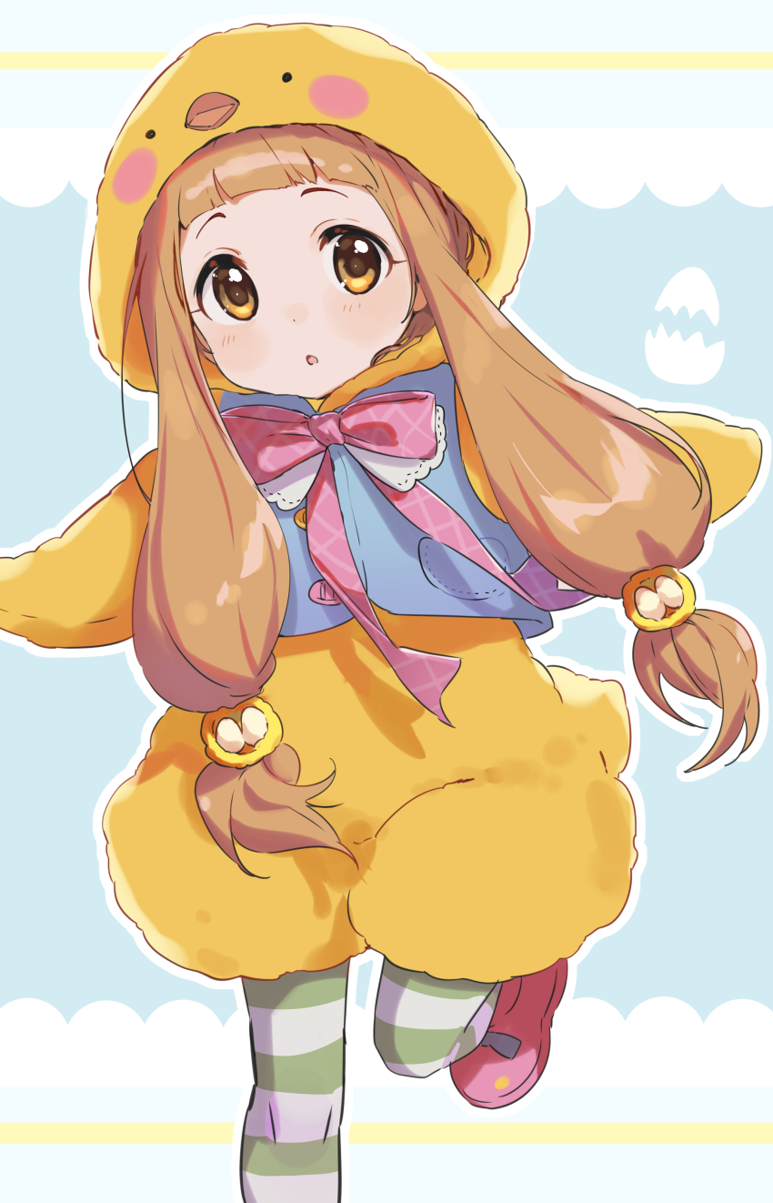 1girl, absurdres, animal_costume, baby_animal, bird, blue_background, blue_jacket, blunt_bangs