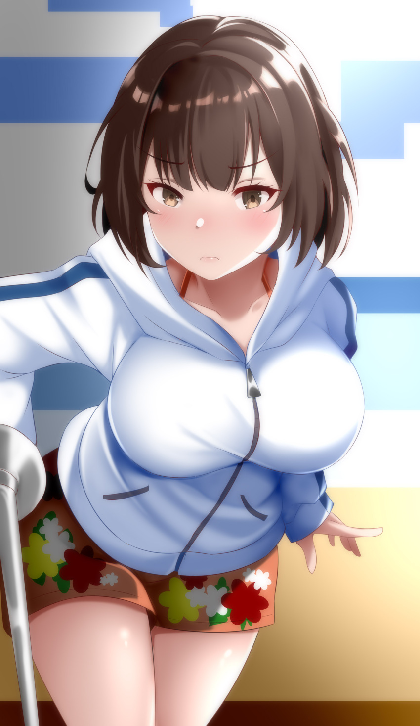 1girl, absurdres, blush, breasts, brown_eyes, brown_hair, commission, cowboy_shot