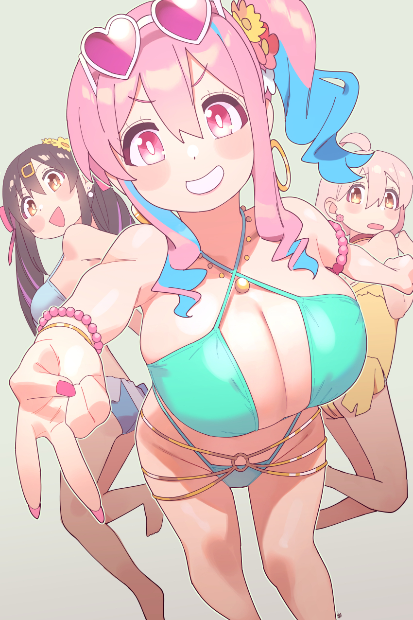 3girls, absurdres, ahoge, bikini, black_hair, blue_bikini, blue_hair, blush, bracelet, breasts, brown_eyes, choker, cleavage, curly_hair, curvy, earrings, eyewear_on_head, flower, flower_earrings, frilled_one-piece_swimsuit, frills, hair_flower, hair_ornament, hairclip, heart, heart-shaped_eyewear, highres, hoop_earrings, hozuki_kaede, huge_breasts, jewelry, large_breasts, long_hair, looking_at_viewer, multicolored_hair, multiple_girls, nail_polish, necklace, one-piece_swimsuit, onii-chan_wa_oshimai!, open_mouth, oyama_mahiro, oyama_mihari, pink_eyes, pink_hair, pink_nails, shiny_skin, side_ponytail, smile, sunglasses, swimsuit, thong, thong_bikini, twintails, ubo_(ubo_tales), v, wide_hips, yellow_eyes