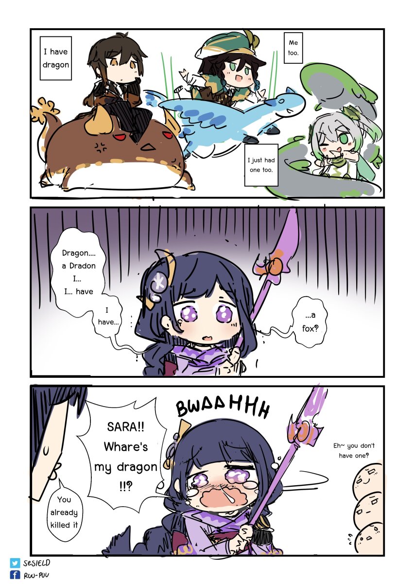 2boys, 3girls, 3koma, :d, ;d, absurdres, aged_down, apep_(genshin_impact), azhdaha_(genshin_impact), black_hair, blunt_bangs, brown_eyes, comic, crying, crying_with_eyes_open, dragon, dvalin_(genshin_impact), english_text, flying, gameplay_mechanics, genshin_impact, gradient_hair, green_eyes, grey_hair, hair_between_eyes, hair_ornament, hat, highres, holding, holding_polearm, holding_weapon, japanese_clothes, kujou_sara, long_hair, long_sleeves, low_ponytail, multicolored_hair, multiple_boys, multiple_girls, nahida_(genshin_impact), one_eye_closed, open_mouth, polearm, ponytail, purple_eyes, raiden_shogun, sesield, side_ponytail, sidelocks, sitting, sketch, smile, spear, tears, venti_(genshin_impact), weapon, wide_sleeves, zhongli_(genshin_impact)