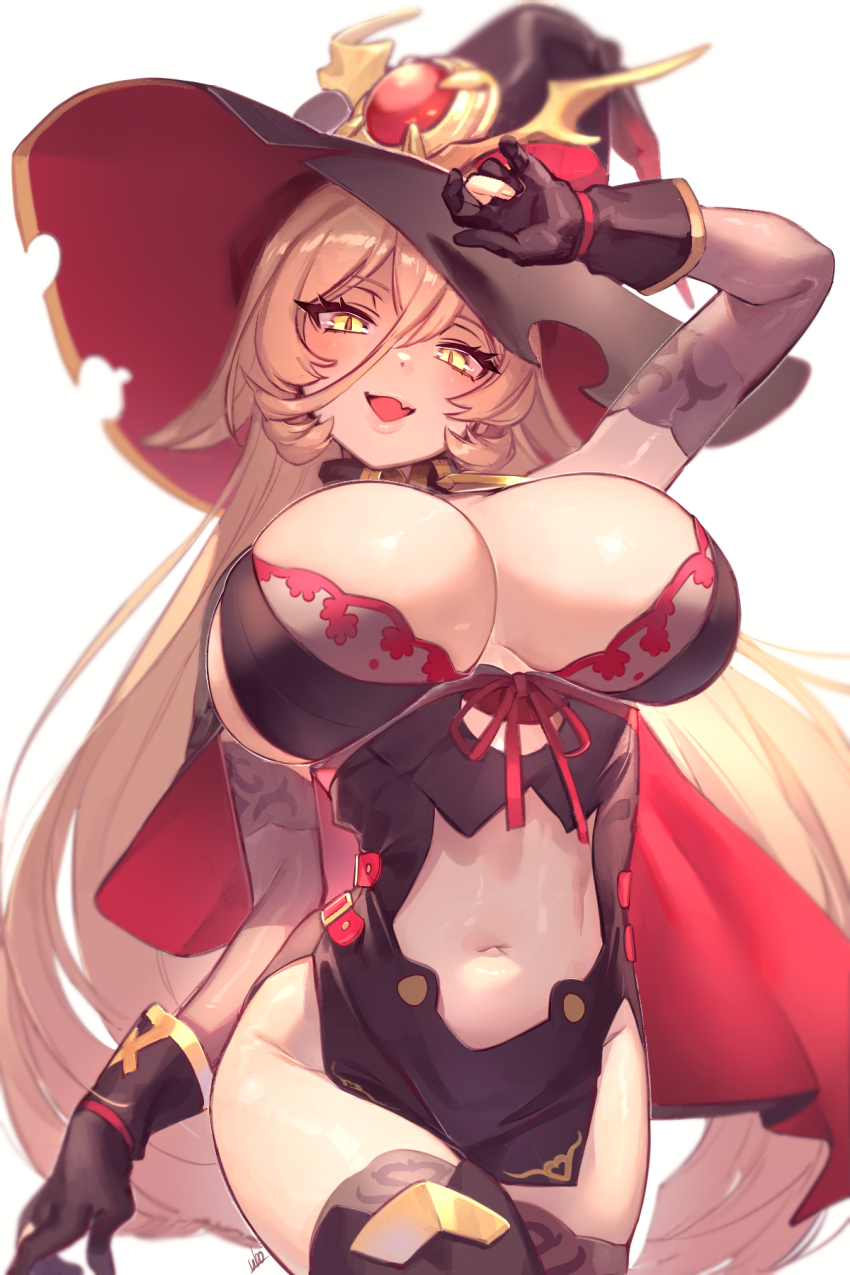 1girl, black_gloves, black_hat, black_thighhighs, blonde_hair, blush, breasts, cleavage