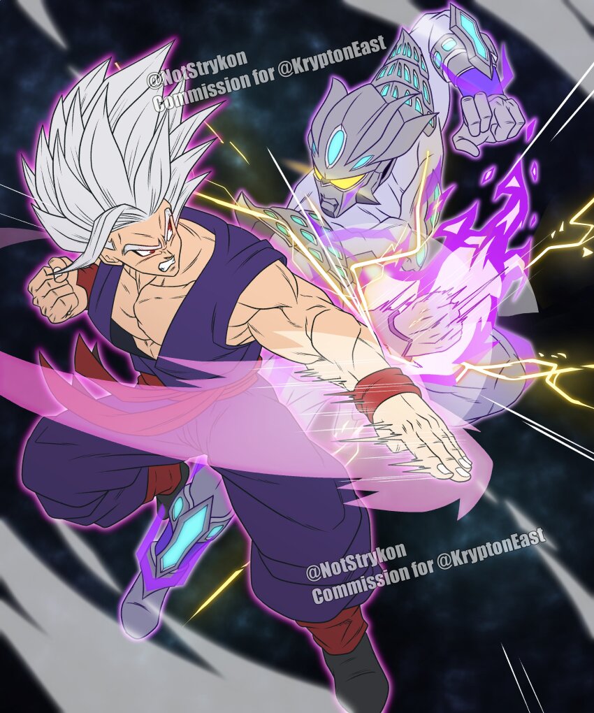 2boys, absurdres, alien, armor, armored_boots, artist_name, aura, battle