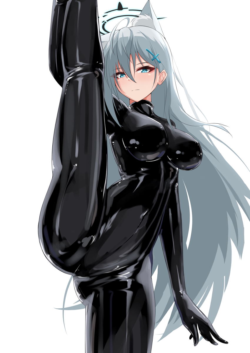 1girl, absurdres, animal_ear_fluff, animal_ears, blue_archive, blue_eyes, bodysuit, cross_hair_ornament