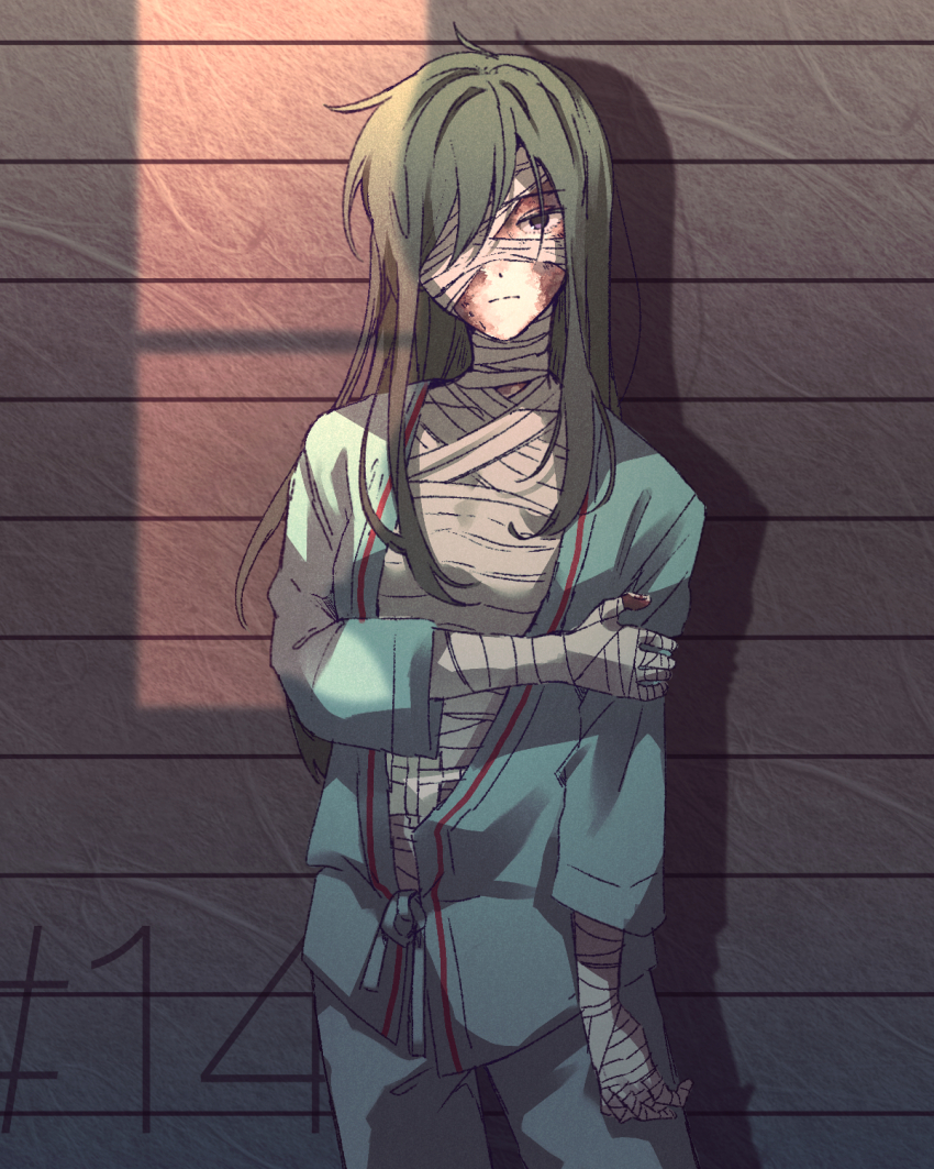 1girl, against_wall, alternate_costume, aqua_pants, arm_at_side, asymmetrical_bangs, bandage_on_face, bandage_over_one_eye