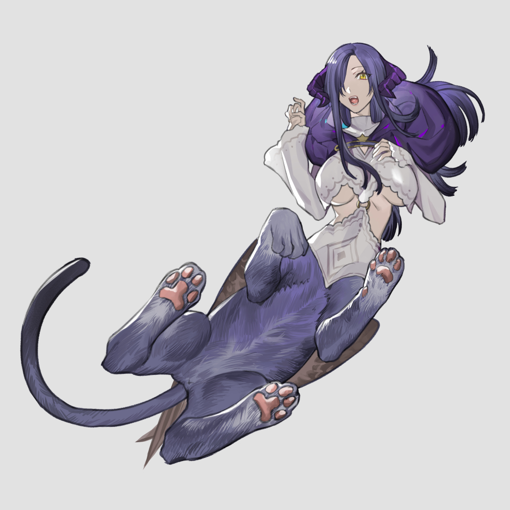 1girl, breasts, brown_wings, capelet, cat_tail, centauroid, feathered_wings, full_body, grey_background, hair_over_one_eye, hand_on_own_chest, hands_up, hood, hooded_capelet, horns, large_breasts, long_hair, long_sleeves, looking_at_viewer, lying, monster_girl, on_back, open_mouth, original, purple_capelet, purple_hair, purple_horns, sideless_outfit, sidelocks, simple_background, solo, sphinx, tail, taur, underboob, wings, yellow_eyes, yijiao