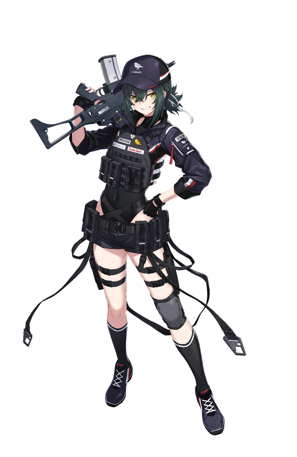 1girl, alpha_transparency, belt, black_gloves, counter:side, covered_navel, fingerless_gloves, gloves, green_hair, gun, hand_on_own_hip, hat, highleg, highres, holding, holding_gun, holding_weapon, knee_pads, laika_(counter:side), official_art, second-party_source, short_shorts, shorts, single_knee_pad, socks, solo, tachi-e, transparent_background, trigger_discipline, utility_belt, weapon, weapon_request, yellow_eyes