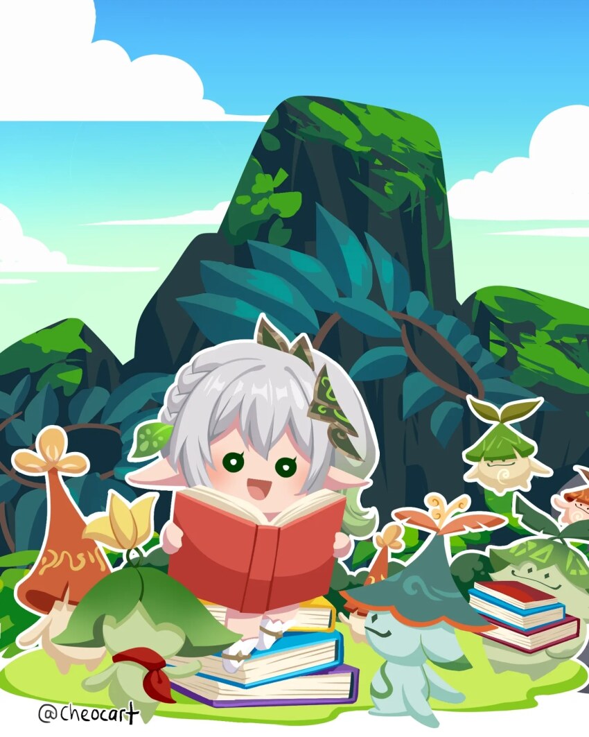 1girl, 6+others, :d, arana_(genshin_impact), aranaga_(genshin_impact), aranakin_(genshin_impact), aranakula_(genshin_impact), aranara_(genshin_impact)