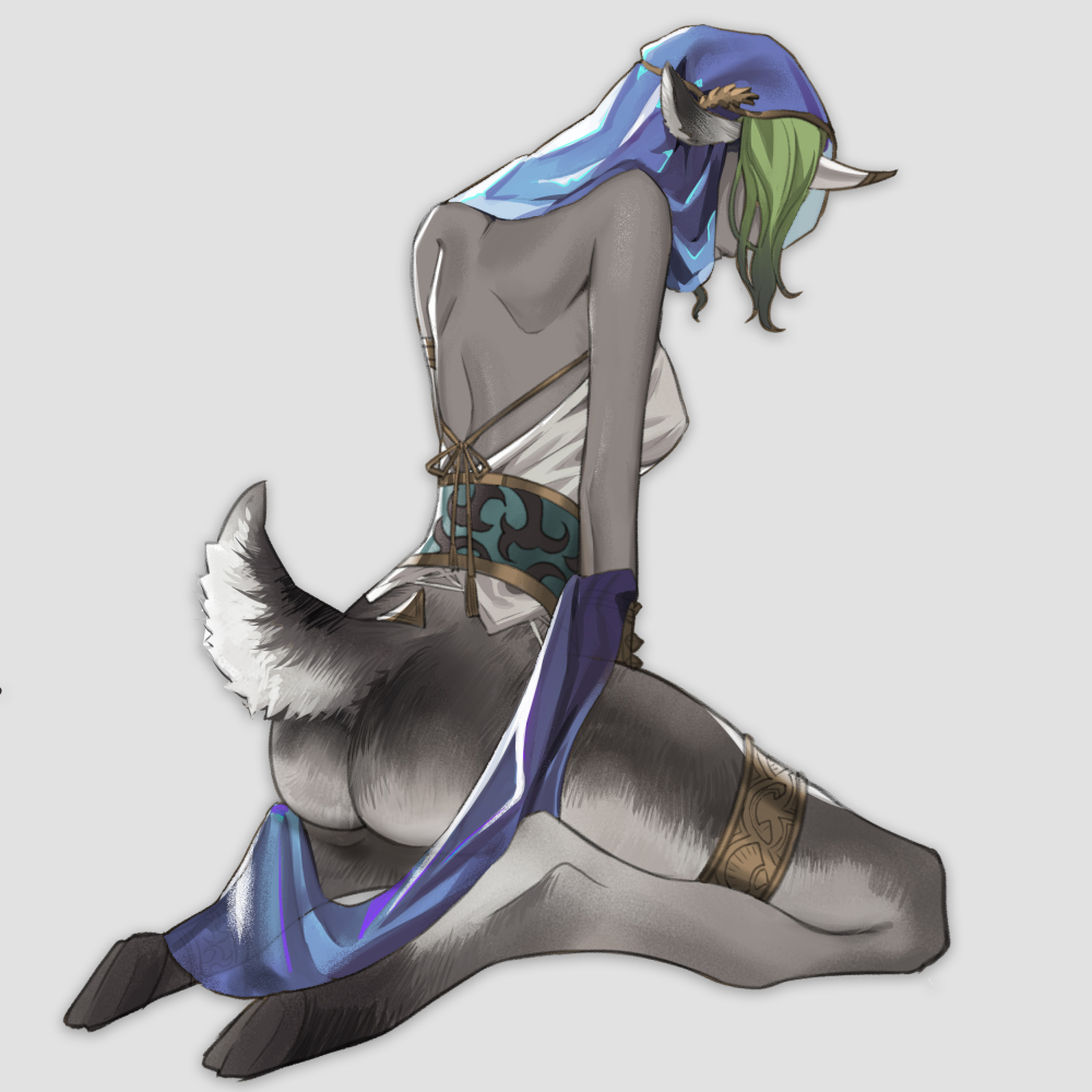 1girl, animal_ears, animal_feet, ass, backless_outfit, blue_shawl, closed_mouth, colored_skin